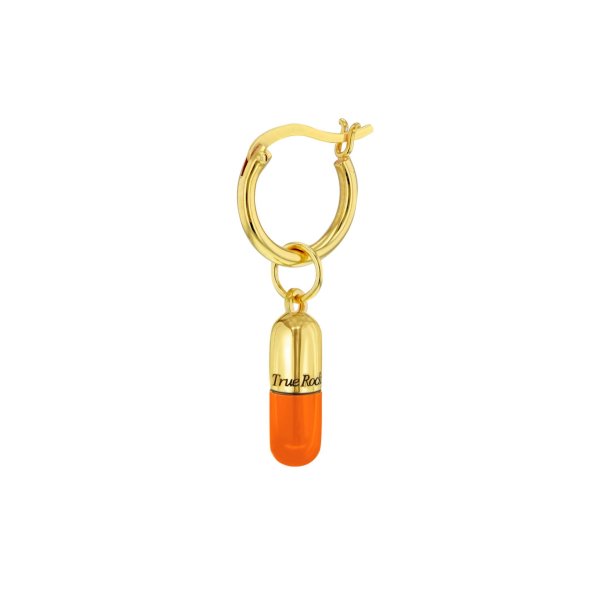 18kt Gold Plated % Orange Enamel Mini Pill On Gold Plated Hoop Huggie Earring